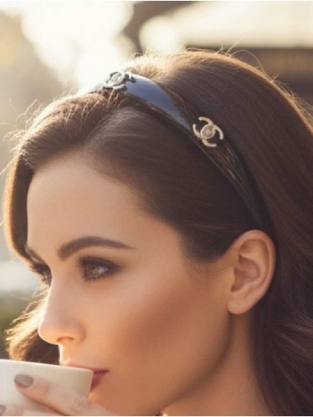 designer Black Patent classic Headband gold-tone camellia flower C logo new